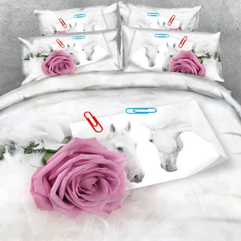 Zīmola Goldeny 3 Daļām Gultas komplekts Mīksto balto spalvas, Rozes un foto no Baltās ērzeļiem 3d gultas komplekts ar 3d palagu komplekts