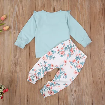 Baby Girl Apģērbu Komplekts ar garām Piedurknēm ar Mežģīņu Džemperis Top Modes Ziedu Bikses 1-6Y Bērni Bērniem Pavasarī, Rudenī Gadījuma Kokvilnas Apģērbs