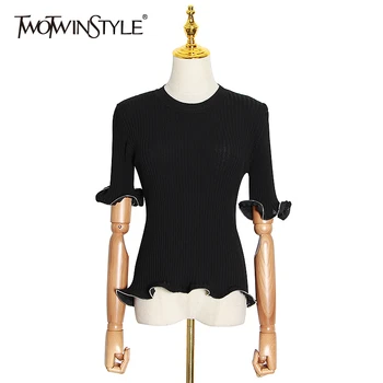 TWOTWINSTYLE Slim Gadījuma T Krekls Sievietēm O Kakla Izlīdzināšanu Pusi Piedurknēm Ruffles Adīšanas T-Krekls Sieviešu Vasaras Modes Apģērbu 2020