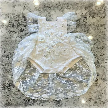 0-24M Baby Girl Mežģīnes 3D Ziedu Izšuvumi Pērle Salds Princese Romper Baltais Kvadrāts Apkakles Falbala Peld Piedurknēm Playsuit Vasaras