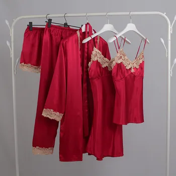 Sieviešu 5GAB Sleepwear Satīna Pidžamas Komplekts Mīksto Pijama Uzvalks Sieviešu Ikdienas Naktsveļu Peldmētelis Kimono Kleita Sexy Mežģīņu Apdari Miega Komplekts