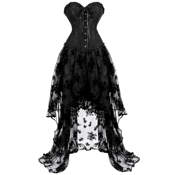 Korsešu kleitas uzstādīt augstu un zemu svārki tills ilgi mežģīnes bustier korsetes plus lieluma gothic masku kostīmu kleita korsett sexy black