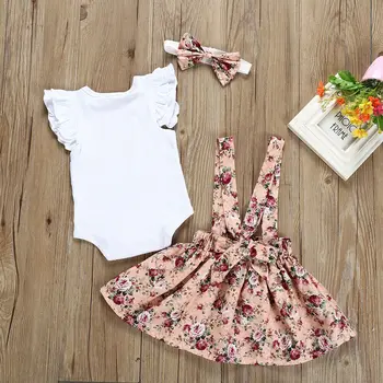 Jaundzimušā Bērna Baby Girl Apģērbu Komplekti Balto Romper+Ziedi Drukas Kleita Galvu Apģērbs Vasarā Kopumā Drēbes Playsuit