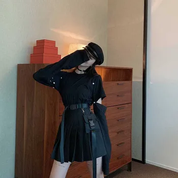 Gothic black set-line Sievietes Sexy Mini Augsta Vidukļa Svārki Streetwear Sieviešu Punk Stila Sānu Kabatas Modes Dizaina Kroku Svārki
