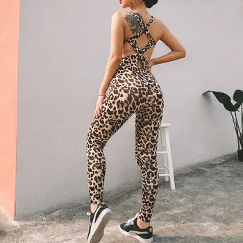 Sieviešu sexy Leopard jumpsuits 2019 jaunu elastīgu izdilis fitnees sporta bodysuit atpakaļ pārsējs dobi no sieviešu sexy kombinezonus