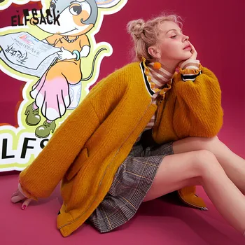 ELFSACK Dzeltena Cieta Rāvējslēdzēja Kabatas Aplikācijas Žurku Vilnas Mēteļi Sieviešu 2019 Ziemas Volāns Laternu Piedurknēm korejiešu Stilā, Sieviešu Outwear