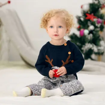 Jaundzimušais Zēns, Meitene, Ar Siltu Trikotāžas Ziemassvētku Ziemeļbriežu Iespiests Ar Garām Piedurknēm Romper Jumpsuit Apģērbu Komplekts Kostīmu Unisex Apģērbs