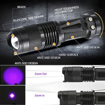 LED UV Lukturīti Ultravioleto Lāpu Mini UV Gaismas Zoomable Funkciju 395nm ultravioleto Gaismu Blacklight izmantot 14500/AA Baterijas