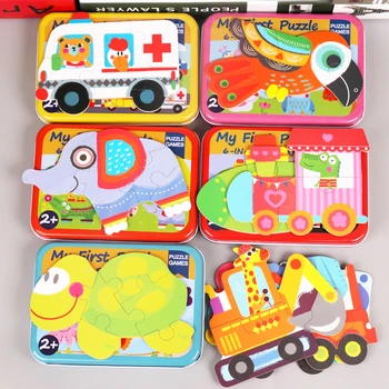 6pcs Bērnu Lielo Pirmo Koka Rotaļlieta Puzzle ar Dzelzs Kaste Karikatūra Dzīvniekiem Transportlīdzekļa Puzzle Bērniem Agrīnās Mācīšanās Rotaļlietu 2 gadiem