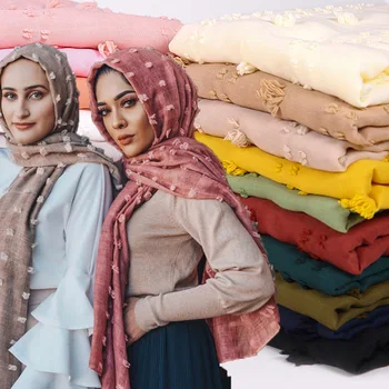 Pom Pom Kokvilnas Hijab Šalle Vienkāršā Mīksto Bumbu, Šalles Musulmaņu Šaļļu, Lakatu Tīrtoņa Krāsu Wraps Turbānus Ar Rokām Darinātas Šalles 22 Krāsa