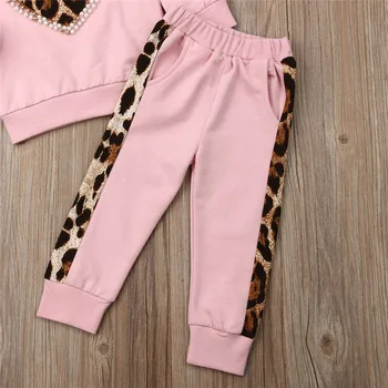 2019 Zīdainis, Mazulis Baby Girl Ziemas Apģērbu Komplekti Rozā Krāsā Ar Garām Piedurknēm Leopard Sirds Drukāt Džemperi, Topi Garas Bikses Apģērbs Tracksuit