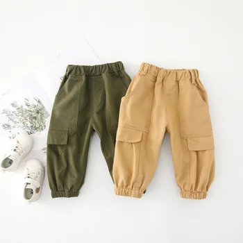 WLG Rudens zēnu modes bikses bērniem kabatas armijas haki zaļā kravas bikses puika visu maču bikses