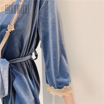 BANNIROU Samta Drēbes, Uzstādīt Elegants Rudens Ziemas Siltās Drēbes Komplekti Sexy Mežģīņu Linga Sieviešu mīksto Sleepwear Pidžamu Nightdress 2020