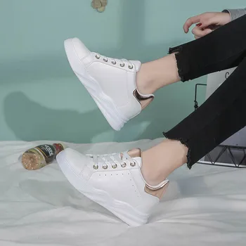 8 cm Augstums Arvien Jaunas Sievietes Platforma Čības Balts neslīdoša Mežģīņu Augšu Mokasīni Sieviete Dāmas Ķīlis Kurpes Chaussure Femme