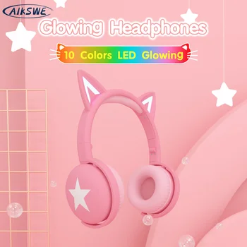 AIKSWE Bluetooth Austiņas Kvēlojošs Gudrs Kaķis Krāsains LED Meitenes Dāvanu Bērniem, Bezvadu Austiņas HIFI Stereo Bass 3,5 mm AUX Ar MIC