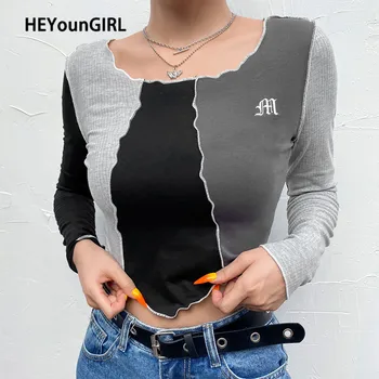HEYounGIRL Raibs Nelikumīgu Kultūru Top T Krekls Sievietēm Gadījuma Harajuku Kokvilnas Tshirts Sieviešu Rudens Long Sleeve Tee Kreklu Vēstuli