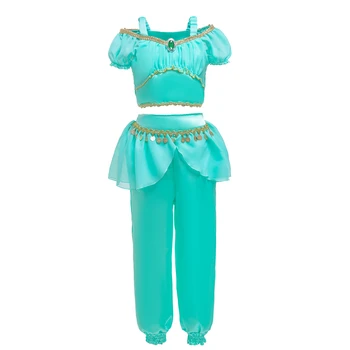 Halloween Meitenes Aladdin Jasmīns Kostīmu Bērnu Arābijas Zaļā Princese Apģērba Komplekts Bērniem, Jasmīns, Kaklarota, Auskari Cepures Cosplay