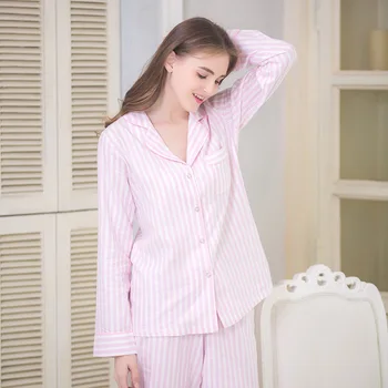 Dāmas Pogas Augšējā Kokvilnas Pidžamas Komplekts Gabals Long Piedurknēm Rozā Balts Striped Pajamas Pyjama Femme Sleepwear Sieviešu Pijama