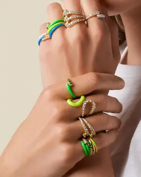 Krāsainu emalju atvērt pielāgotu sievietes gredzens, zelta krāsa, Neona varavīksne emaljas moderns pirkstu rotaslietas