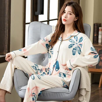 Pilna Kokvilnas Pidžamas Sieviešu Pidžamas Komplekts Pogu Jaka Homewear Pavasara Pijamas Mujer Plus Izmērs 4XL Sleepwear Naktsveļu 2gab