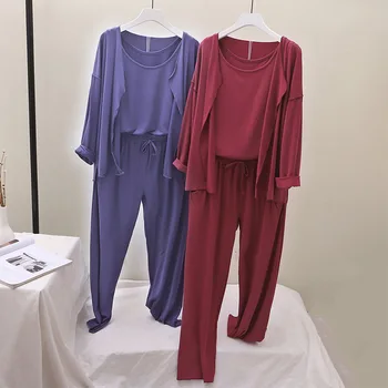Pidžamas Tērpi Sievietēm Mājas Valkāt Modes ilgi Jaciņa+tvertnes Augšpusē+bikses 3 Gabali Komplekts lady Apģērbs Slinks Vēja Kravu mīksts, ērts