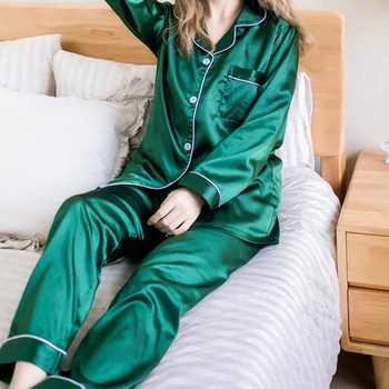 Sieviešu Pidžamas Komplekti Zīda Satīna Pijama -Apkakle Sleepwear Long Sleeve Pavasara Naktsveļu Femme 2 Gabali Komplekti Homewear