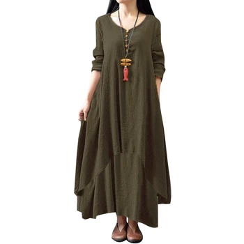2021New Plus Izmērs 4XL 5XL Sievietes Kleitu Modes Gadījuma Zaudēt Vintage Kleita tīrtoņa Krāsu garām Piedurknēm Boho Ilgi Sieviete Vestidos