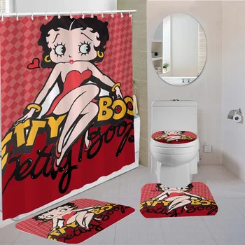 Betty Boop 3D Drukāšanas Dušas Aizkars Pad Izturīga Auduma, 4 Gabali, Vannas istabas Aizkari Bērnu Vannas Komplekti Tualetes Vāka Vannas Paklājiņš