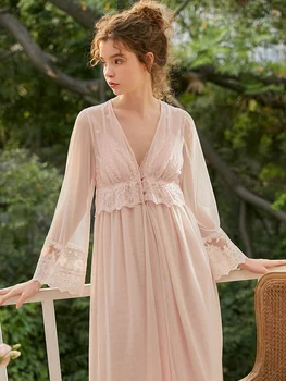 Elegants Rozā Drēbes Sievietēm Izšūtās Mežģīnes Gara Nakts Kleita Halāti Dāmas Princese Mežģīņu Tērpu Komplekts Soft & Ērti Sexy Sleepwear