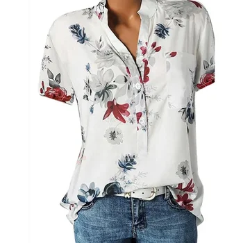 Elegants sieviešu krekls drukas lielformāta ikdienas krekls modes V-veida kakla īss piedurknēm krekls blūze