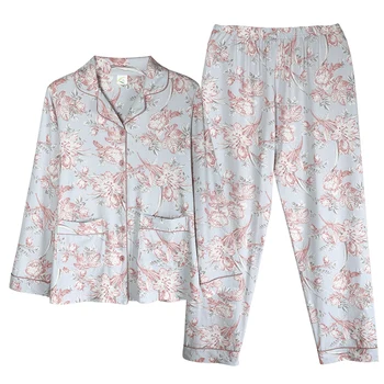 Sieviešu Naktsveļu Uzvalks Rudens Salds Ziedu garām Piedurknēm Princese Pidžamu Elegants Modelis Homewear Plus Izmērs M-3XL Pijamas Mujer