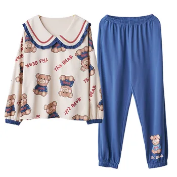 Ātra Piegāde Kokvilnas Sieviešu Pidžamas Komplekts Rudens Ziemas Pidžamas Karikatūra Sleepwear Mājas Drēbes Sievietēm, Seksīga Apakšveļa