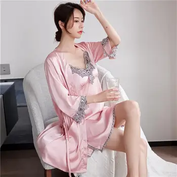 Satīna Sieviešu Twinset Drēbes, Uzstādīt Sexy Mežģīņu Nighty&Tērpu Komplekts 2GAB Sleepwear Sieviešu Sadalīt Kimono Kleita Ikdienas Mājas halāti
