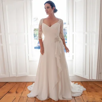 Lētu Plus Lieluma Kāzu Kleitu Pusi Mežģīņu Piedurknēm Ielocēm Šifona Līgavas Kleitas Pasūtījuma Vestidos De Novia 2019