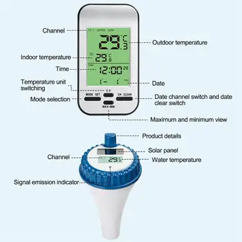 Ūdensizturīgs Bezvadu Baseins Peldošs Termometrs ar LCD Displeju Saules enerģijas Bateriju Darbināmas Termometru, Baseins, Dīķis
