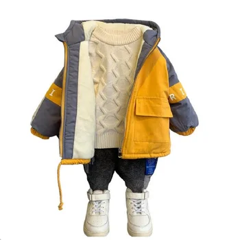 2-9years zēnu ziemas sabiezēt kapuci jaka bērniem outwear puika kokvilnas polsterējumu plus samta drukāt jaka zēniem apģērbi