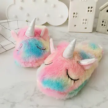 2018 jaunu cute krāsains samta unicorn plīša kurpes sieviešu mājas iekštelpu ziemas varavīksnes vienradzis čības Ūdensizturīgs neslīdoši apavi