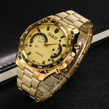 Vīriešiem Zelta Modes Luksusa Zīmols M&H, Kvarca Rokas pulksteņi Vīriešu Augstas Kvalitātes Tērauda Vīriešu Kleita Pulksteņi reloj hombre relogio masculino