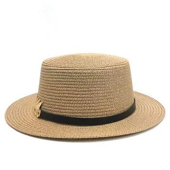 Brīvdienas Panama salmu cepurīte sieviešu malām Pludmales cepure Salokāms Chapeau Dāmas ēnā Melnā josta ar zeltītām lapām Vasaras unisex saules cepure