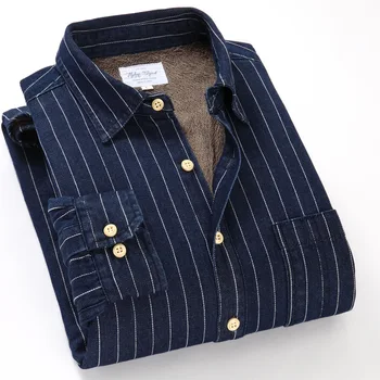 BAO SHAN klasiskās vilnas, bieza, silta svītrainām džinsa krekls ziemas zīmolu augstas kvalitātes kokvilnas vīriešu slim garām piedurknēm krekls