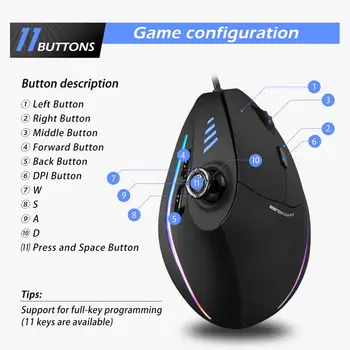 CENTĪGAIS Vertikālā Spēļu Pele Programmējams USB RGB Vadu Optiskā Pele 11 Pogas 10000 DPI Regulējams Ergonomisks Spēlētājs Pelēm