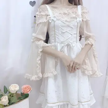 Japāņu kawaii meitene sweet lolita krekls vintage mežģīnes slash kakla izlīdzināšanu piedurknēm viktorijas krekls princese gothic lolita top cos loli