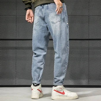 Korejas Modes Stila Vīriešu Džinsi Gaiši Zilā Loose Fit Lielas Kabatas Kravas Bikses Izmērs 28-42 Streetwear Hip Hop Džinsi Vīriešu Harēma Bikses