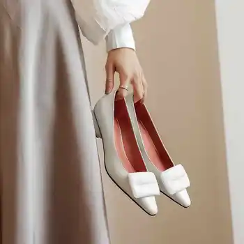 Krazing pot roku modes cietā dāmas kurpes īstas ādas nelielu kvadrātveida kājām med papēži sievietēm, vienkāršu stila paslīdēt uz sūkņi L10