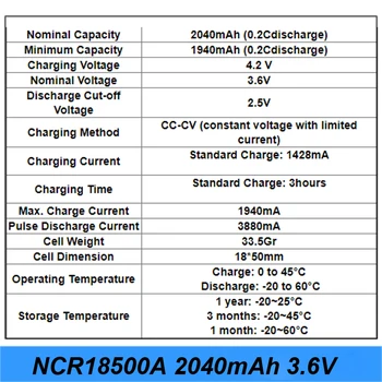 Sākotnējā 3.6 V 18500 NCR18500A 2040mAh Uzlādējamo Akumulatoru Panasoniic litija akumulators 18500 3.7 v
