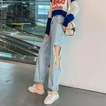 Sieviete Džinsi Ar Augstu Jostas Ripped Džinsi 2020. Gadam Pavasara Vasaras Apģērbu Plaša Kāju Džinsa Apģērbu Zilā Streetwear Modes Vintage Bikses
