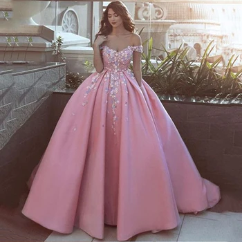 SoDigne Satīna Quinceanera Kleitas 2020. gadam 3D Ziedu Pie Pleca Sweet 16 Gadu Princese Kleitas ar Kabatas Puse Kleitas