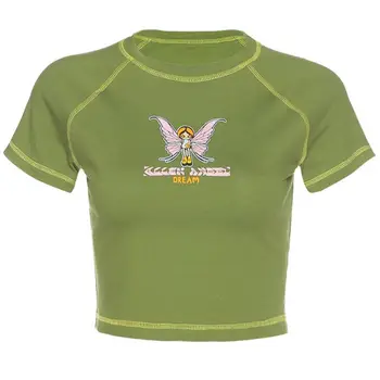 Sieviešu Vasaras Īsām Piedurknēm Zaļš T-Krekls Ar Multfilmas Butterfly Fairy Burtiem Iespiests Kultūraugu Top Bodycon O-Veida Kakla Streetwear