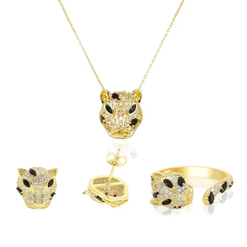 Zelta krāsā Jaguar auskaru, gredzenu, kaklarotu, rotu komplekts sievietēm balts melns cz leopard dizains