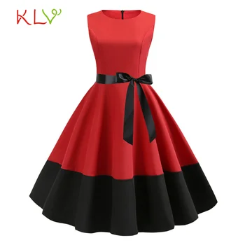 Vintage Kleita Sievietēm Sarkans Melns Raibs Loku Midi Kleitas bez Piedurknēm, Elegants Vakara Pusei korejiešu Dāmas Apģērbu Vestidos 20Feb